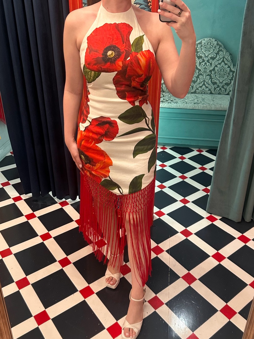 MALLORY HALTER NECK FRINGE HEM MIDI DRESS in summer poppy - Picture 7 of 7